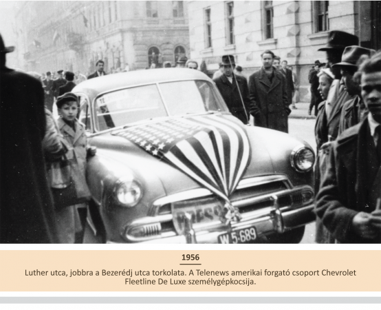 Luther utca, jobbra a Bezerédj utca torkolata. A Telenews amerikai forgató csoport Chevrolet Fleetline De Luxe személygépkocsija.